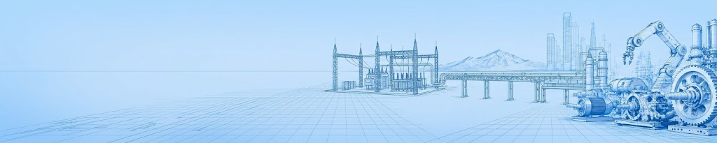 Panoramic 5:1 blue line-art blueprint illustration of an integrated industrial system, featuring automated assembly lines, smart logistics, power substation grid, and heavy machinery.