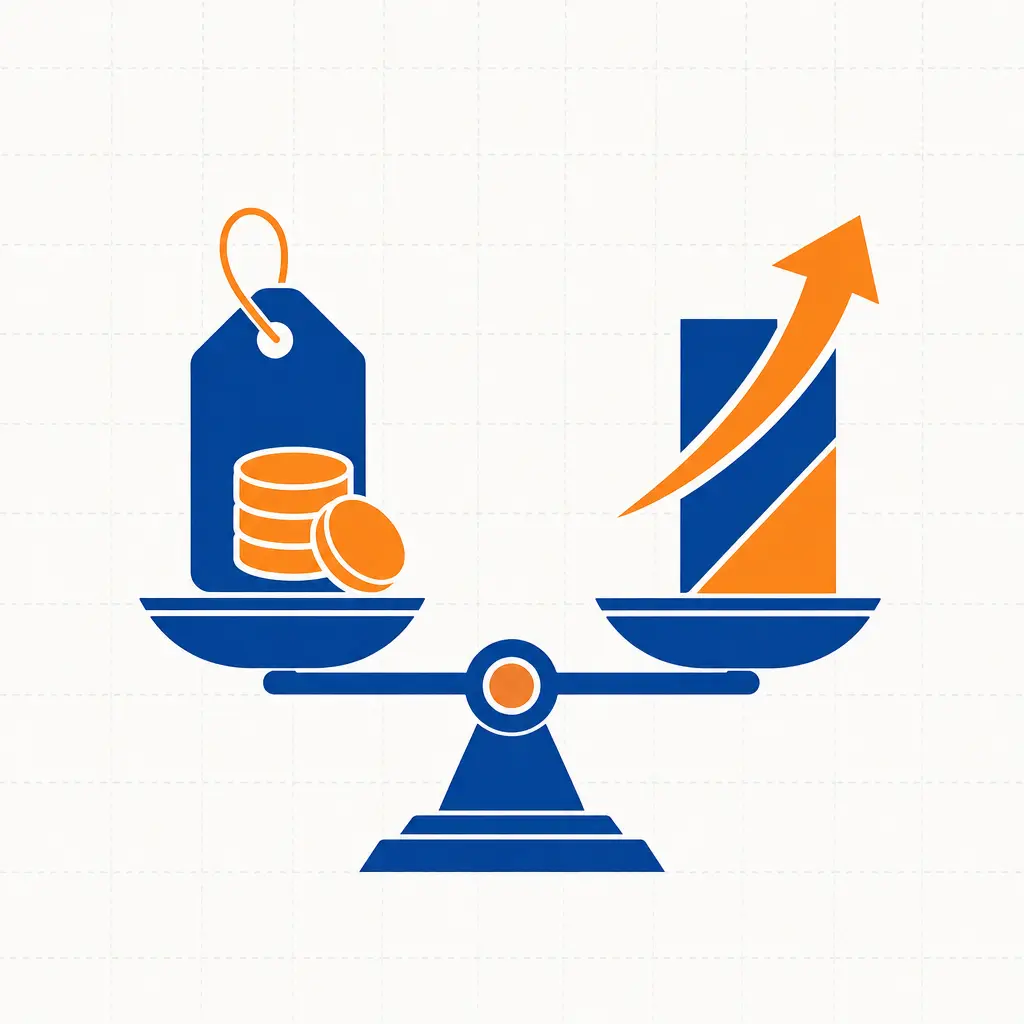 Abstract blue and orange balance scale with a price tag, coins, and rising value arrow