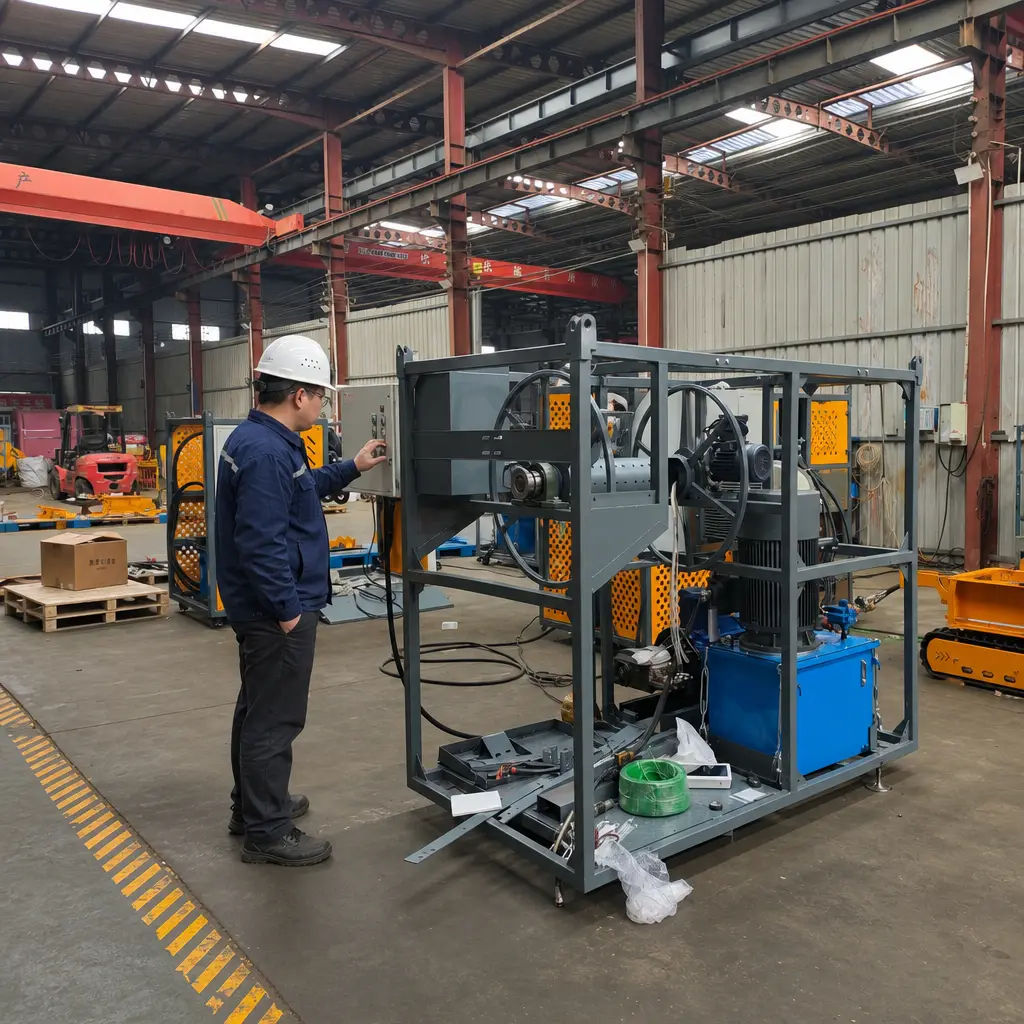 Technician inspecting industrial equipment inside a factory workshop