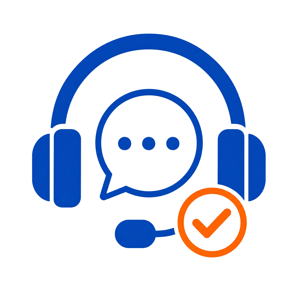 After-sales support service icon showing a customer service headset, chat bubble, and checkmark