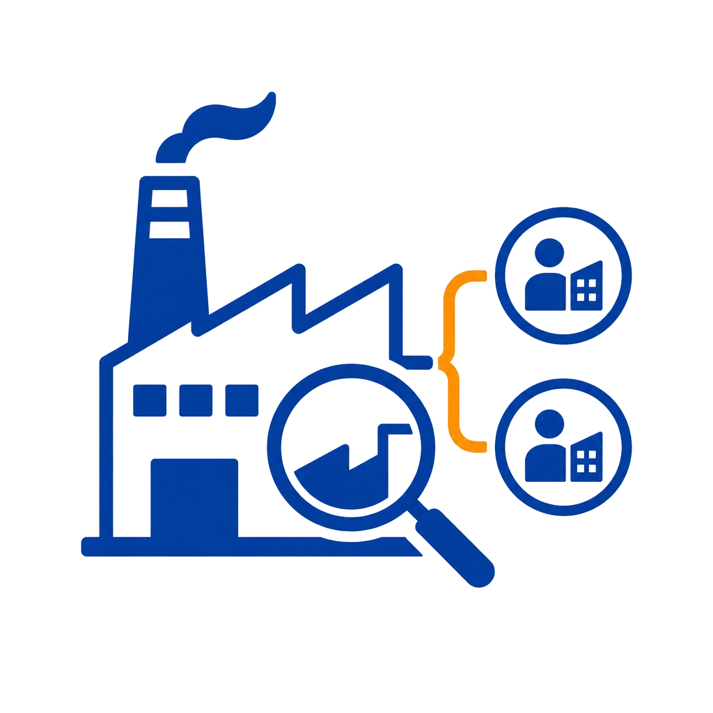 Factory sourcing service icon showing a factory, magnifying glass, and supplier network