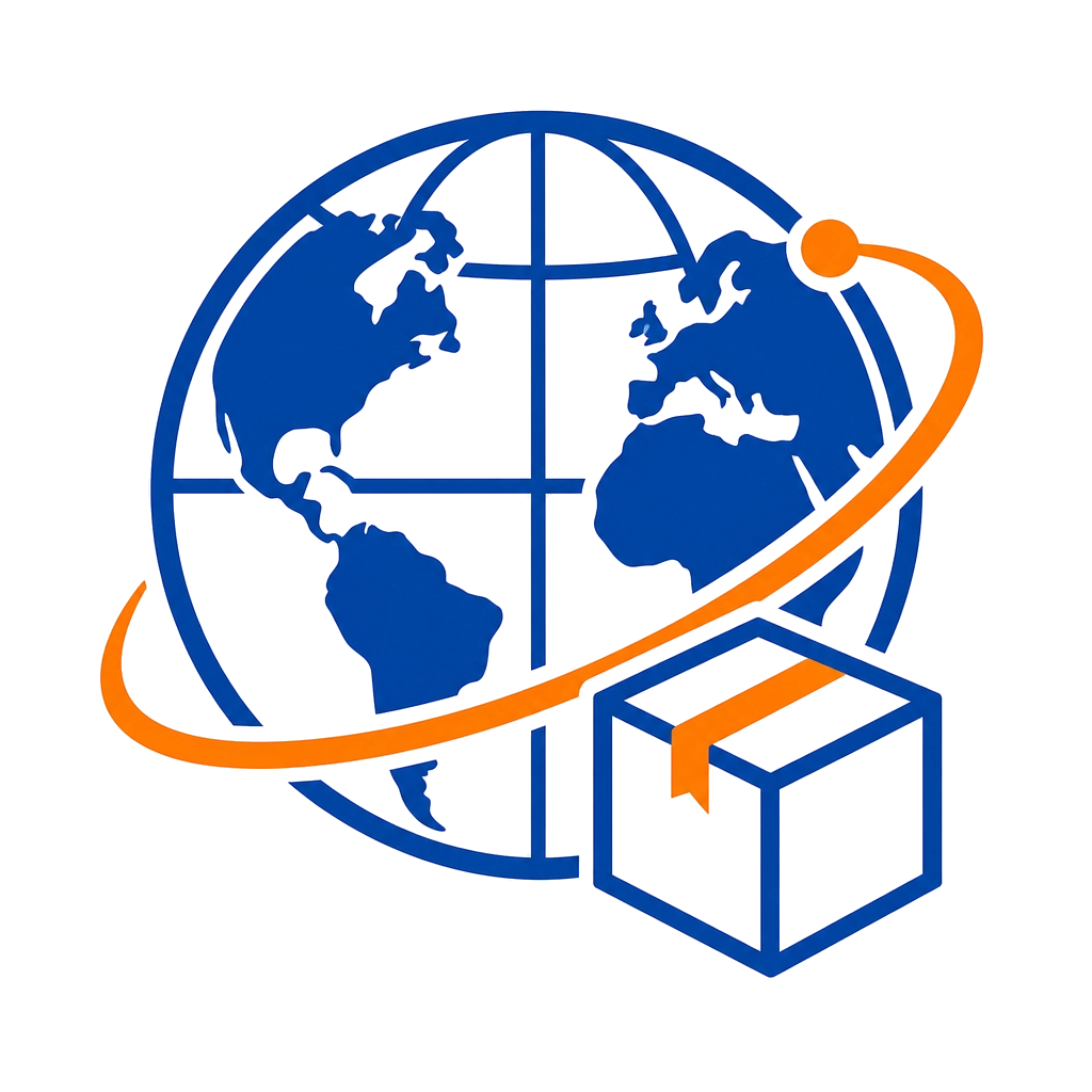 Global logistics service icon showing a globe, shipping route, and package