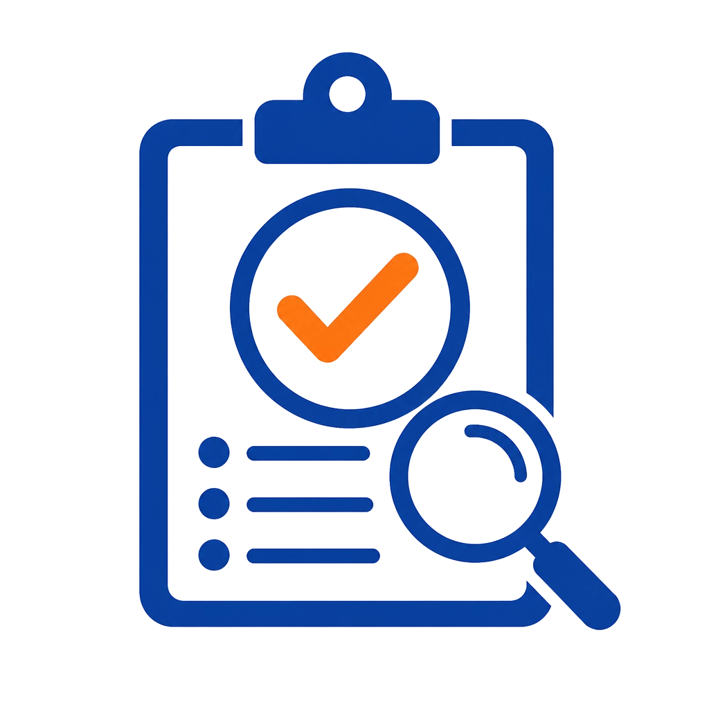 Quality inspection service icon showing a checklist, checkmark, and magnifying glass