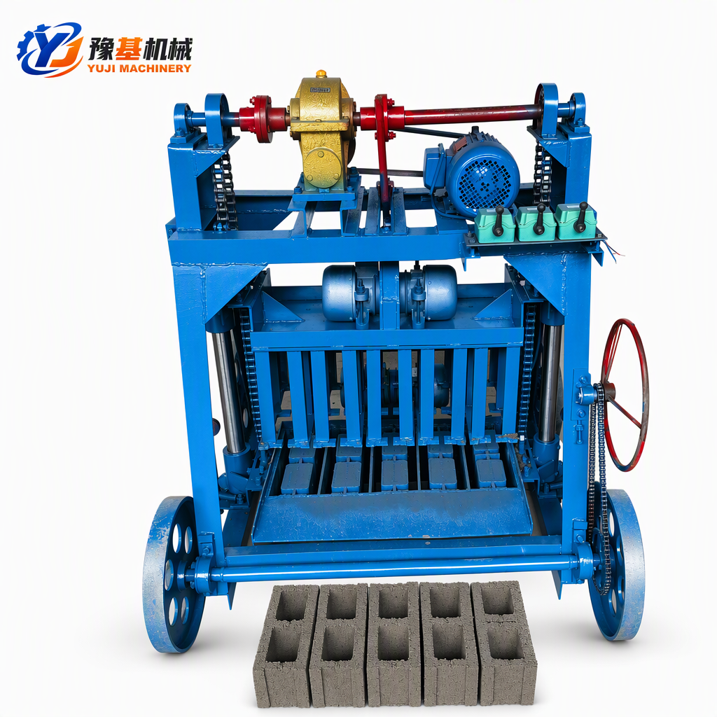 YUJI 4-45 mobile block machine 3.7kW large wheel pallet-free egg laying concrete block maker for hollow blocks and pavers