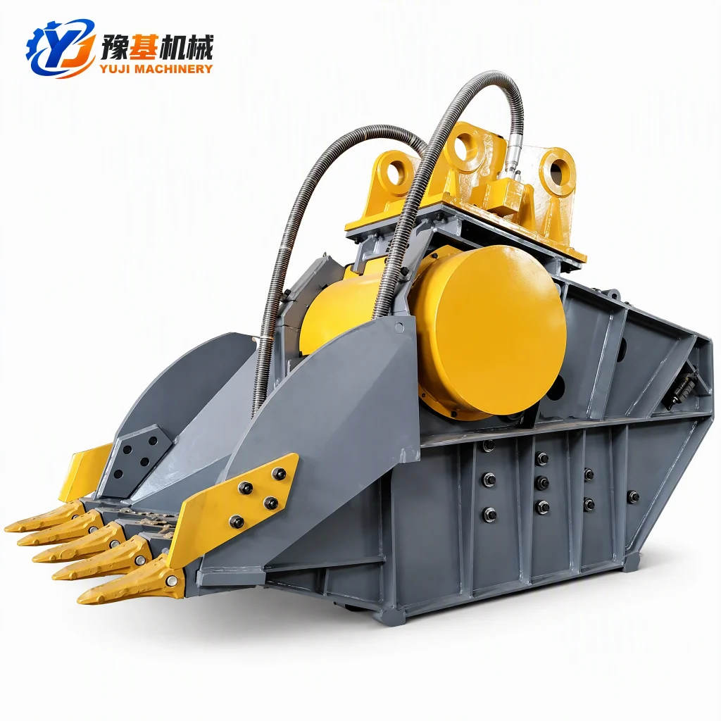 DP Series Excavator Crusher Bucket by YUJI MACHINERY with yellow mounting ears, hydraulic hoses and bucket teeth on a white background