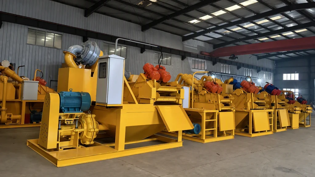 Yuji heavy-duty mud separation and desanding equipment during fabrication inside manufacturing workshop