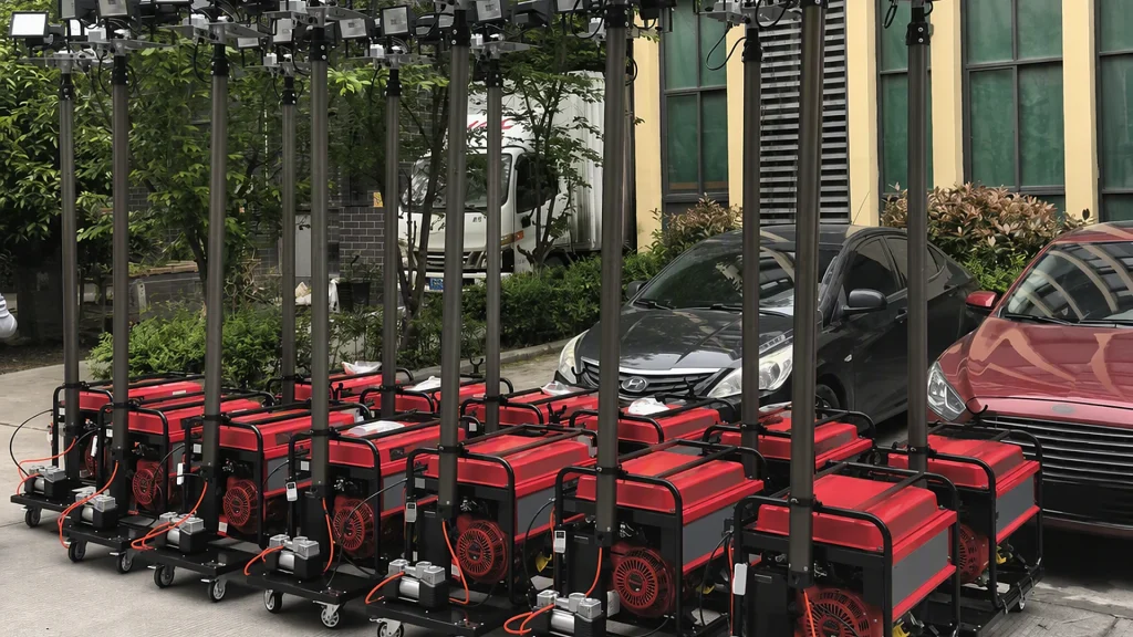 Yuji mobile LED lighting tower assembly line with telescopic masts and electrical wiring