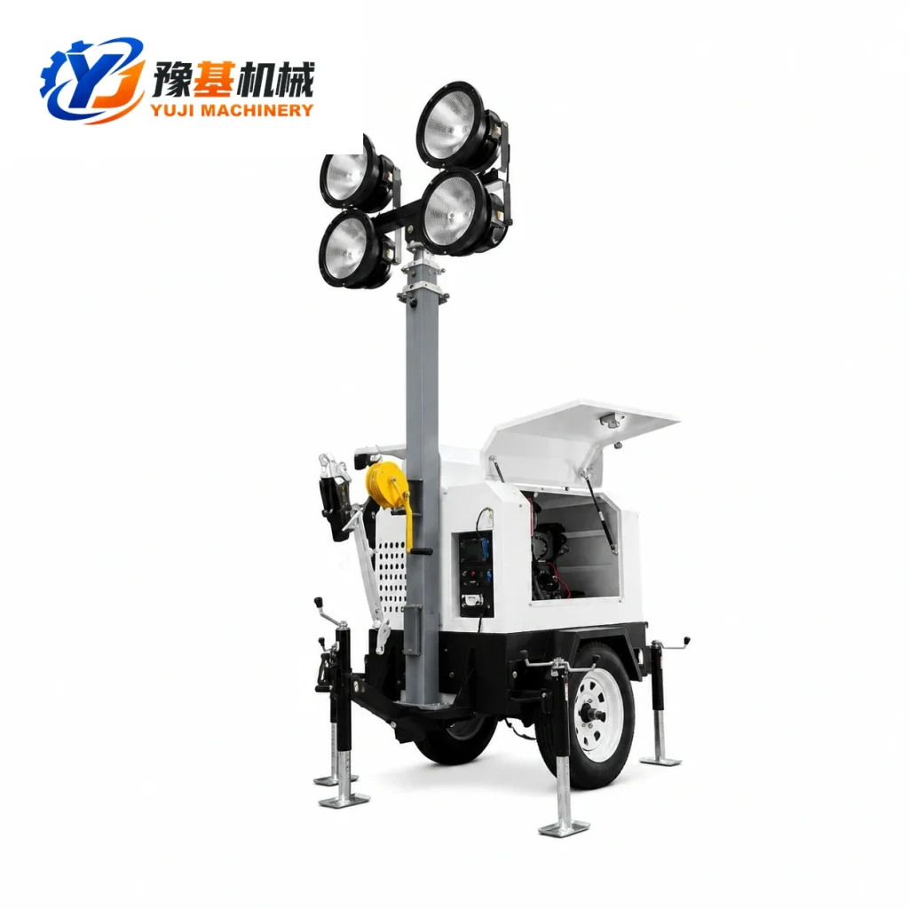 YUJI MACHINERY YJ-SPW6130 4-wheel towable emergency mast light tower with 360-degree high-lumen floodlights for mining and railway construction